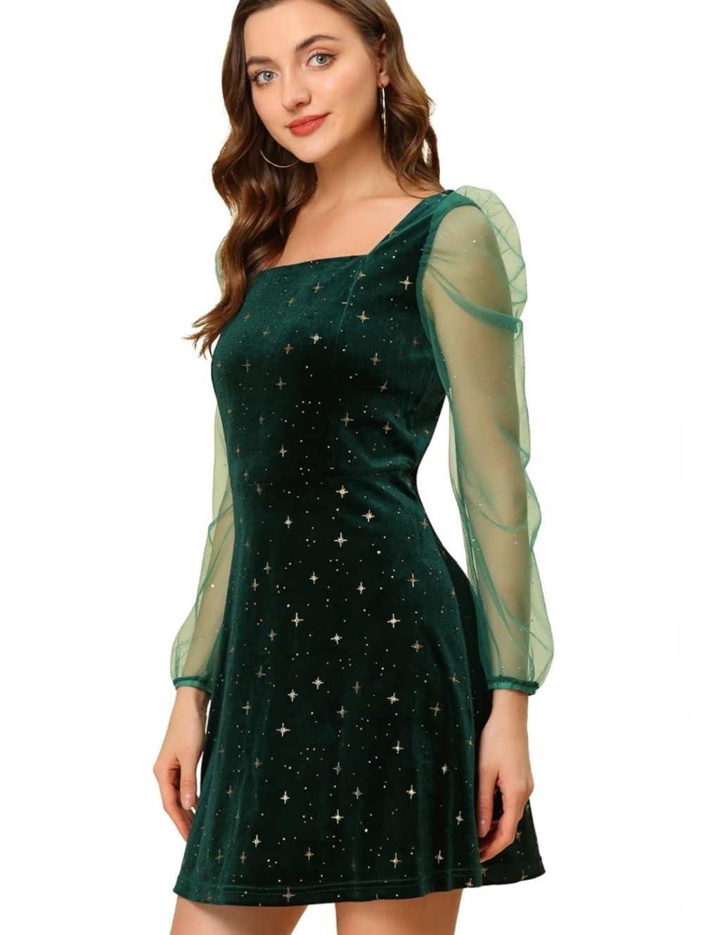 Allegra K Women's Sparkly Glitter Green Velvet Dress Sheer Sleeve Star Metallic